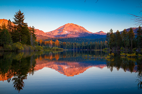 Mount Lassen reflected in a lake.